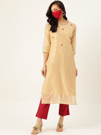 Women's Beige Chanderi Kurta With Trouser