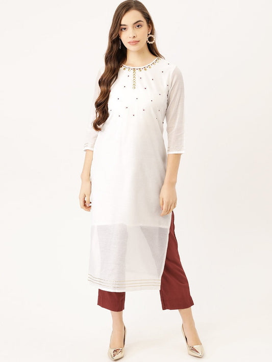 Women's White Chanderi Kurta With Trouser