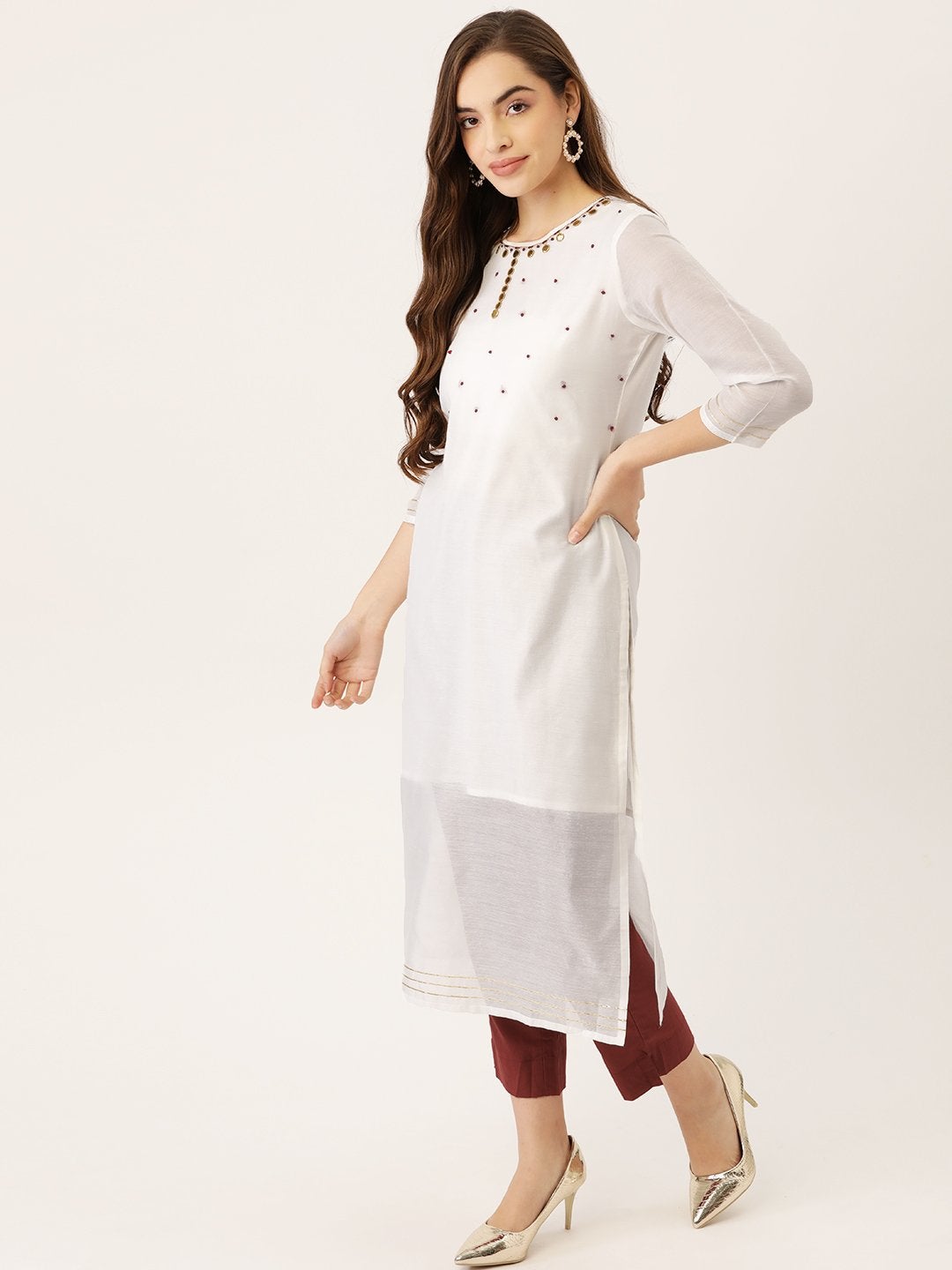 Women's White Chanderi Kurta With Trouser
