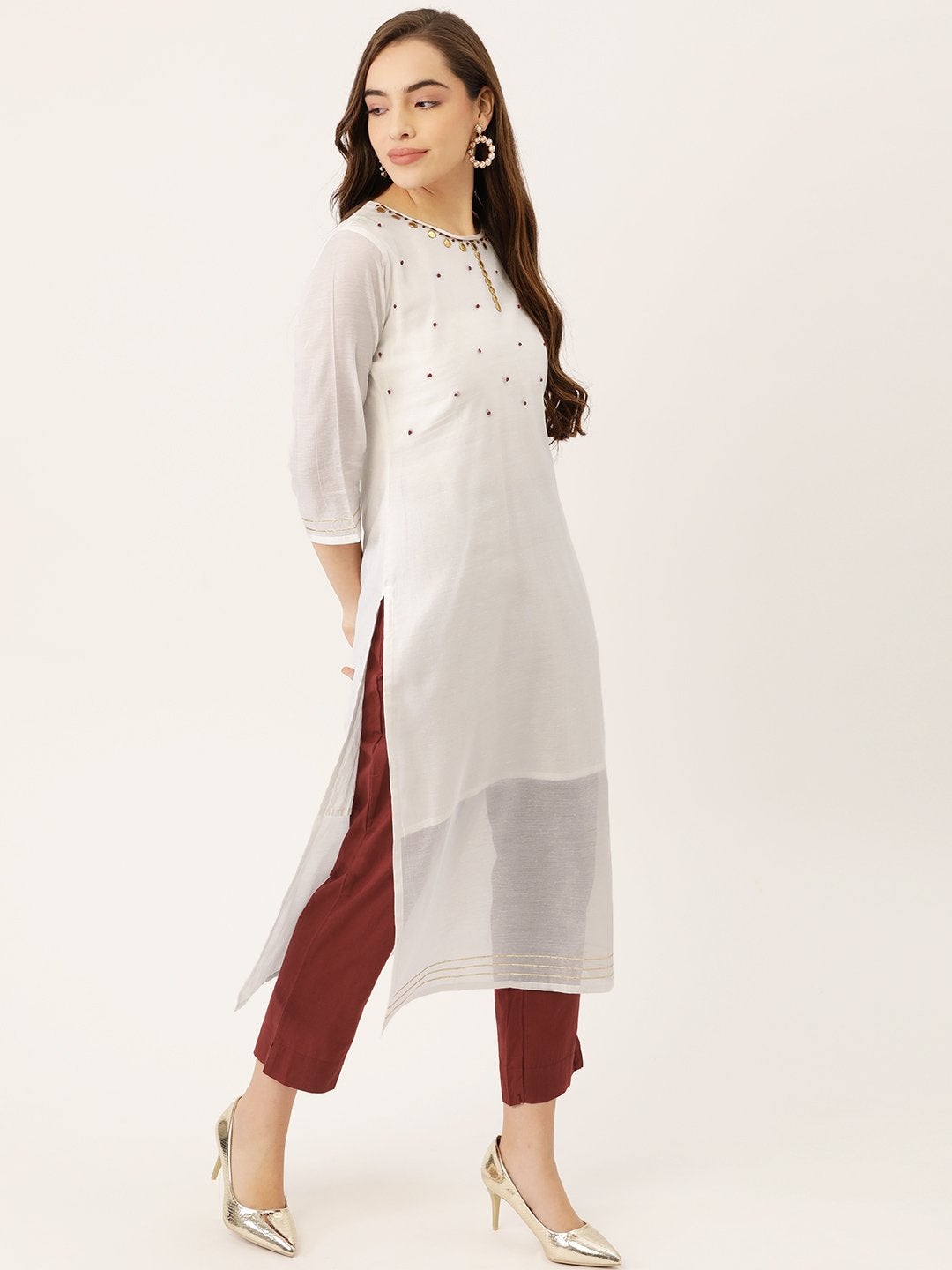 Women's White Chanderi Kurta With Trouser