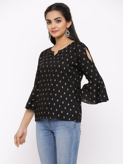 Women's Rayon Printed Top (Black)