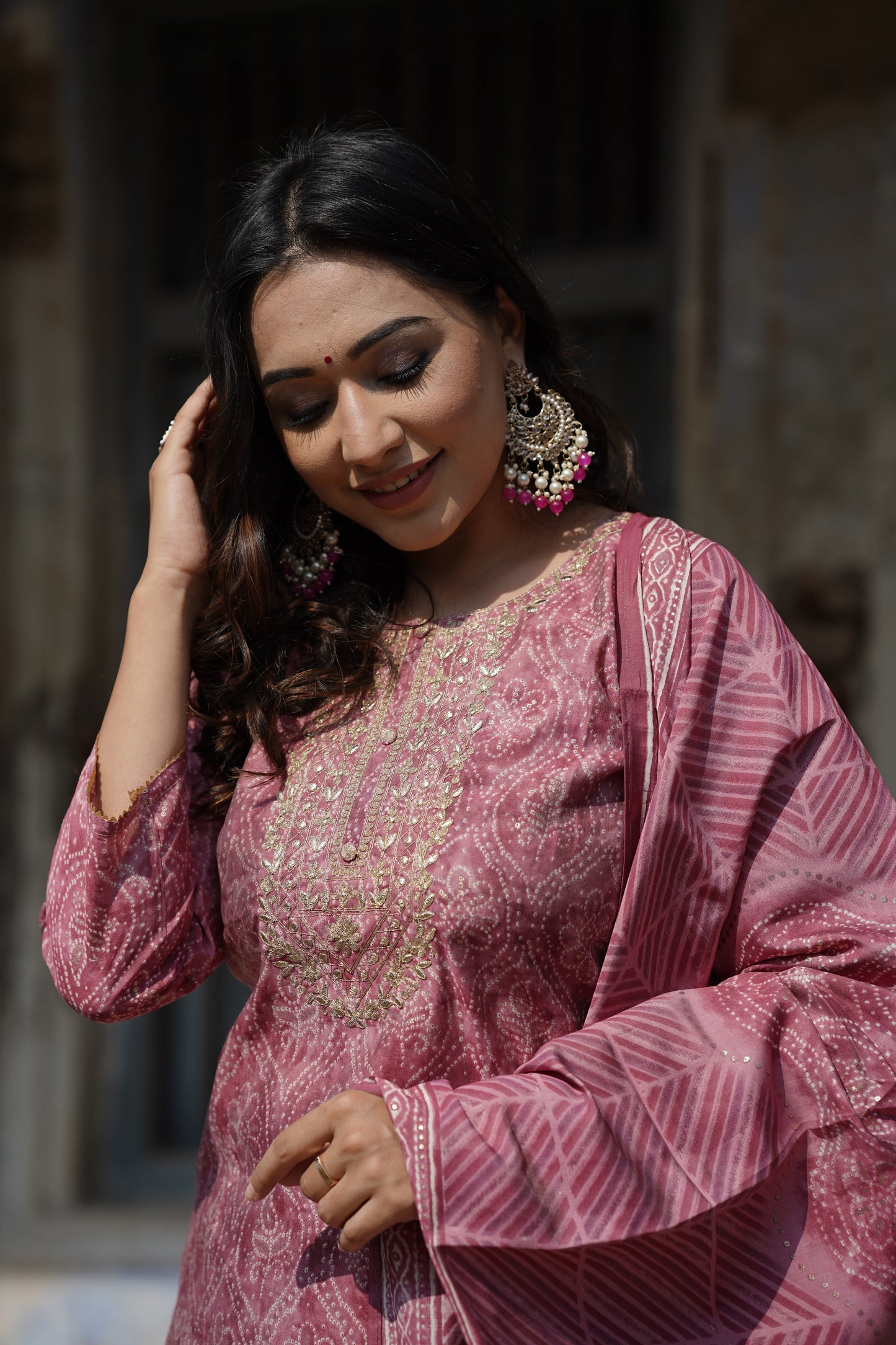 Women's Silk Blend Embroidered Bandhani Printed Kurta Pant With Dupatta