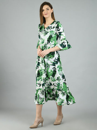 Women's Green Polyester Printed Half Sleeve V Neck Casual Dress