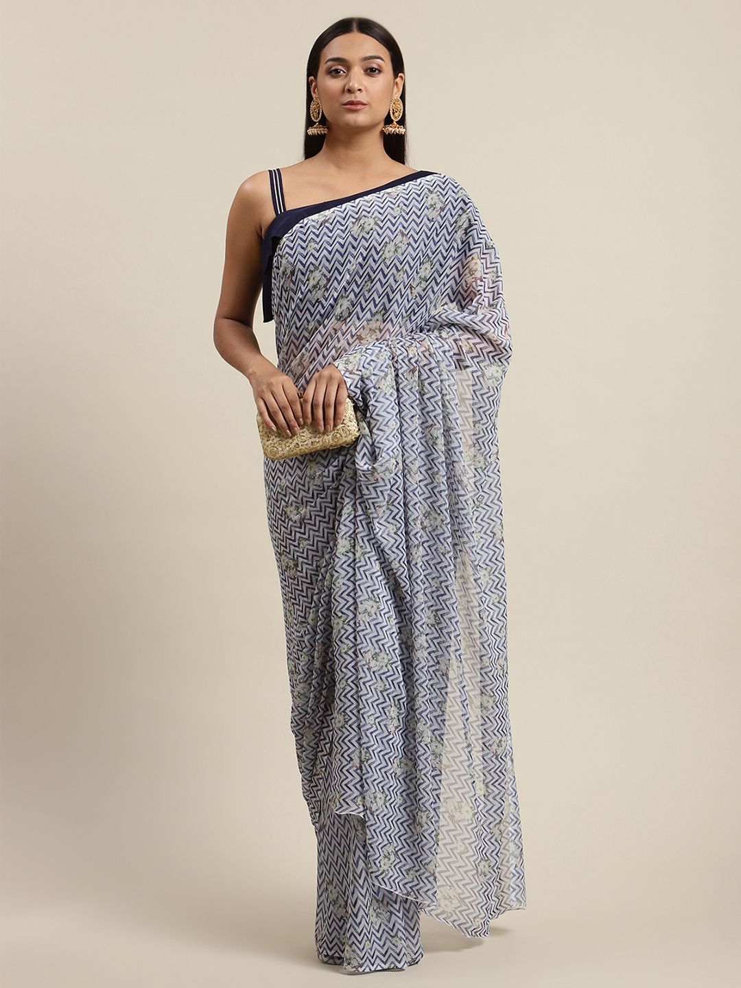 Women's Navy Blue Chiffon Digital Print Chevron Saree