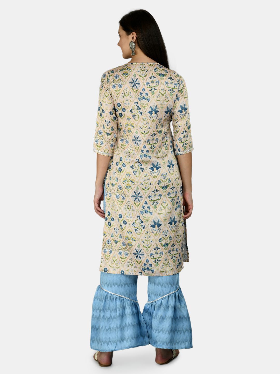 Women's Multi Silk Printed 3/4 Sleeve Round Neck Casual Kurta Palazzo Dupatta Set