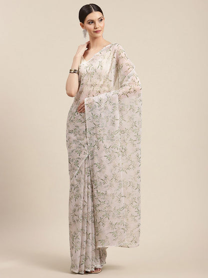 Women's Off White Chiffon Digital Print Floral Saree