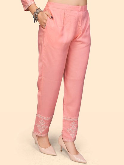 Women's Embroidered Straight Rayon Light Pink Stitched Kurta Pant With Dupatta