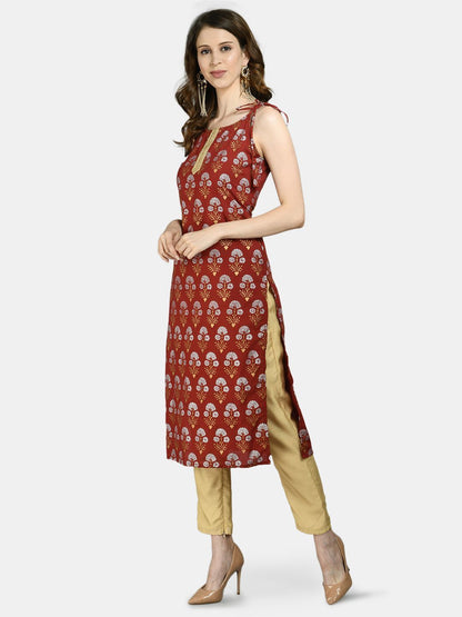 Women Maroon Printed Cotton kurta by Myshka (
