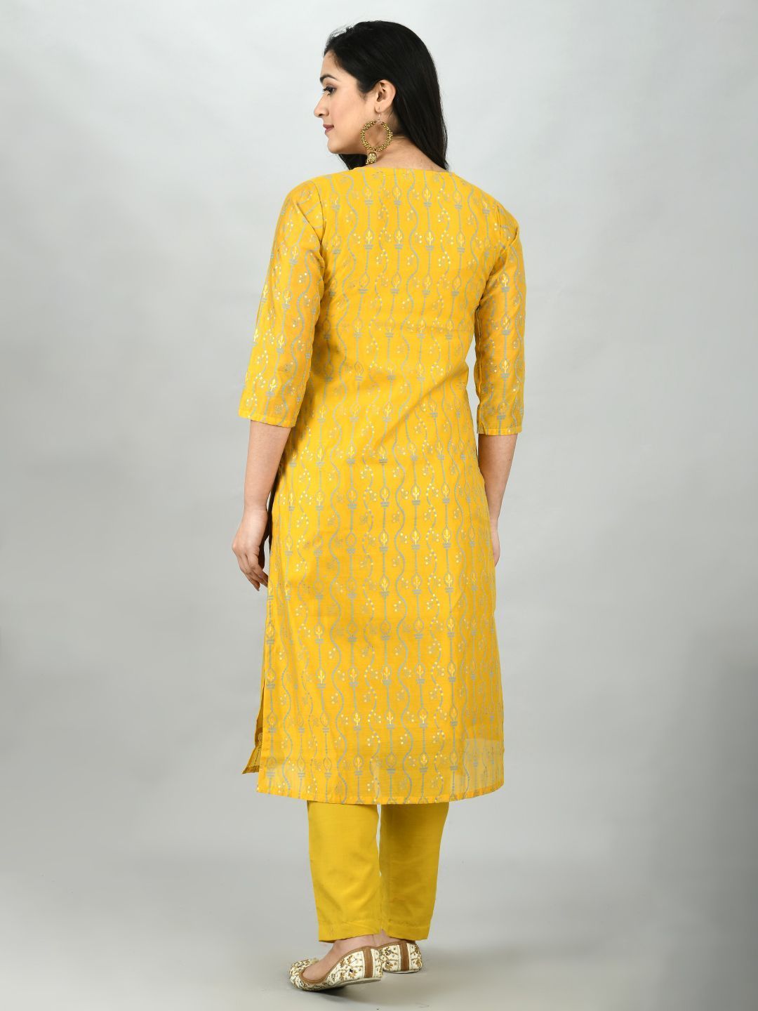 Women's Yellow Chanderi Printed 3/4 Sleeve Round Neck Casual Kurta Pant Set