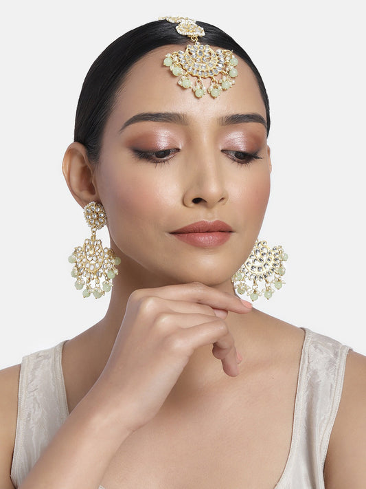 Women's Traditional Gold Plated Chandbali Kundan & Pearl Earring Set with Maang Tikka