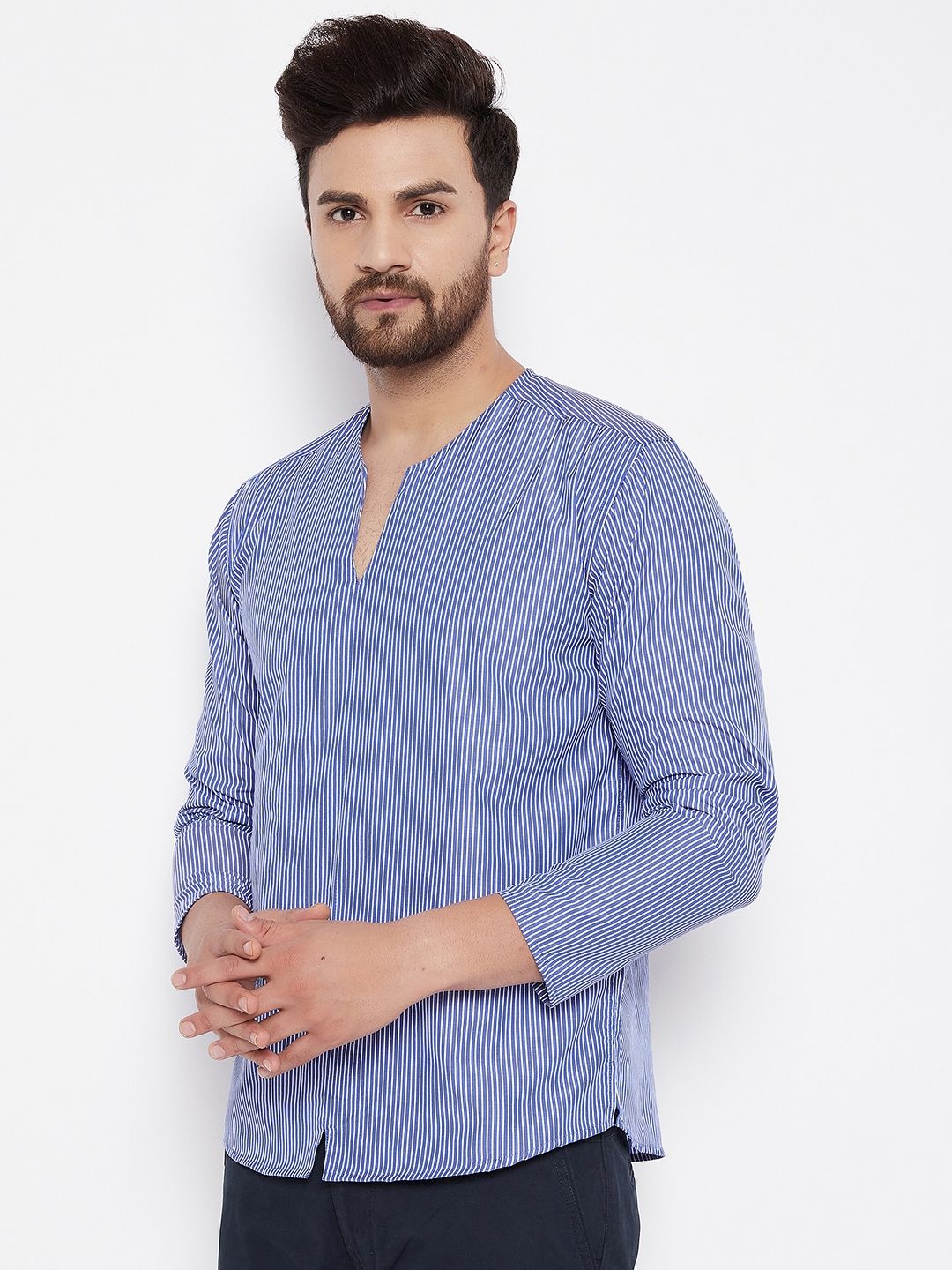 Men's  Blue Solid Cotton Kurta