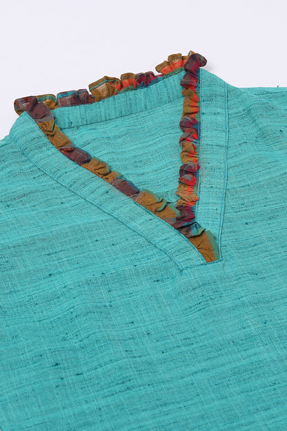 Women's Turquoise Color Cotton Blend Solid Kurta Pant Set With Dupatta
