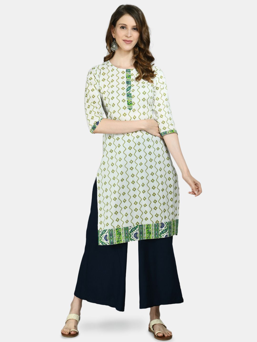 Women's Multicolor Cotton Printed 3/4 Sleeve Round Neck Casual kurta