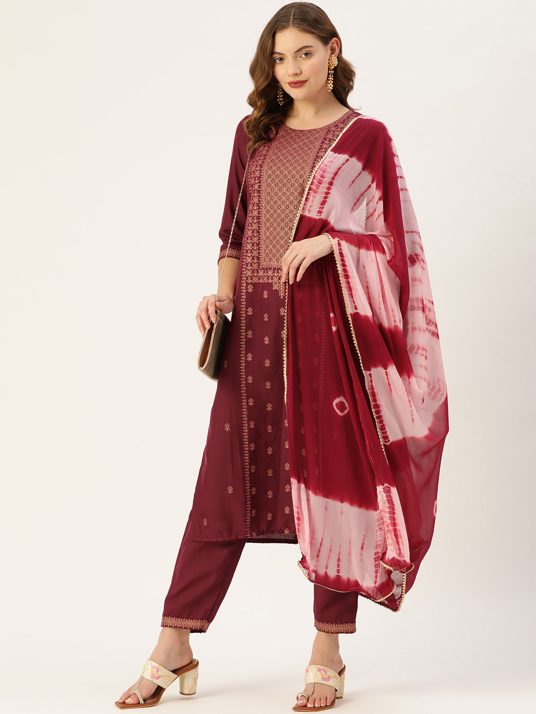 Women's Wine Cotton Blend Panelled Printed Straight Kurta Trouser Set With Dupatta
