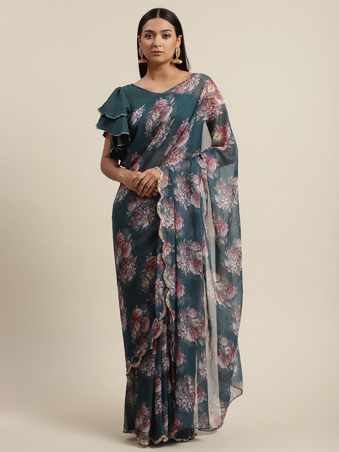 Women's Green Chiffon Digital Print Floral Saree