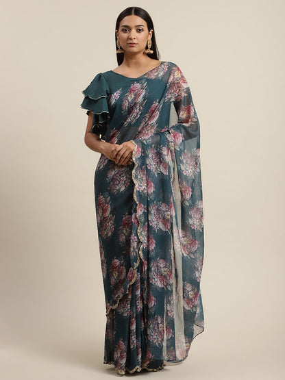 Women's Green Chiffon Digital Print Floral Saree