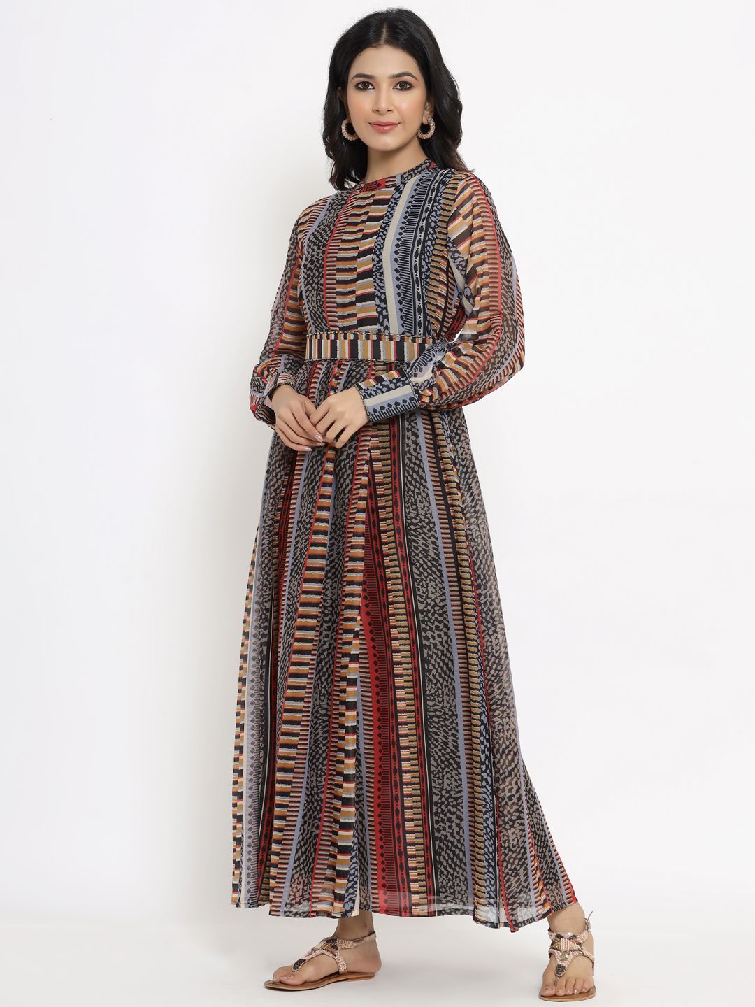 Women's Alphin Chiffon Printed Flared Dress with Waist Tie-up