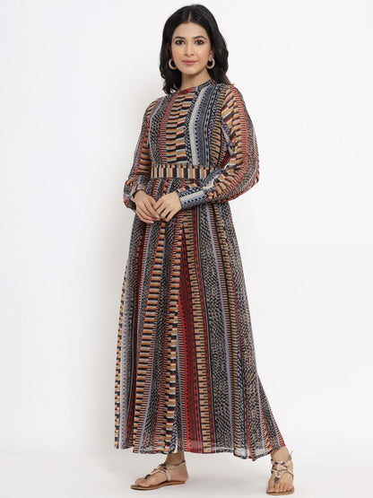 Women's Alphin Chiffon Printed Flared Dress with Waist Tie-up