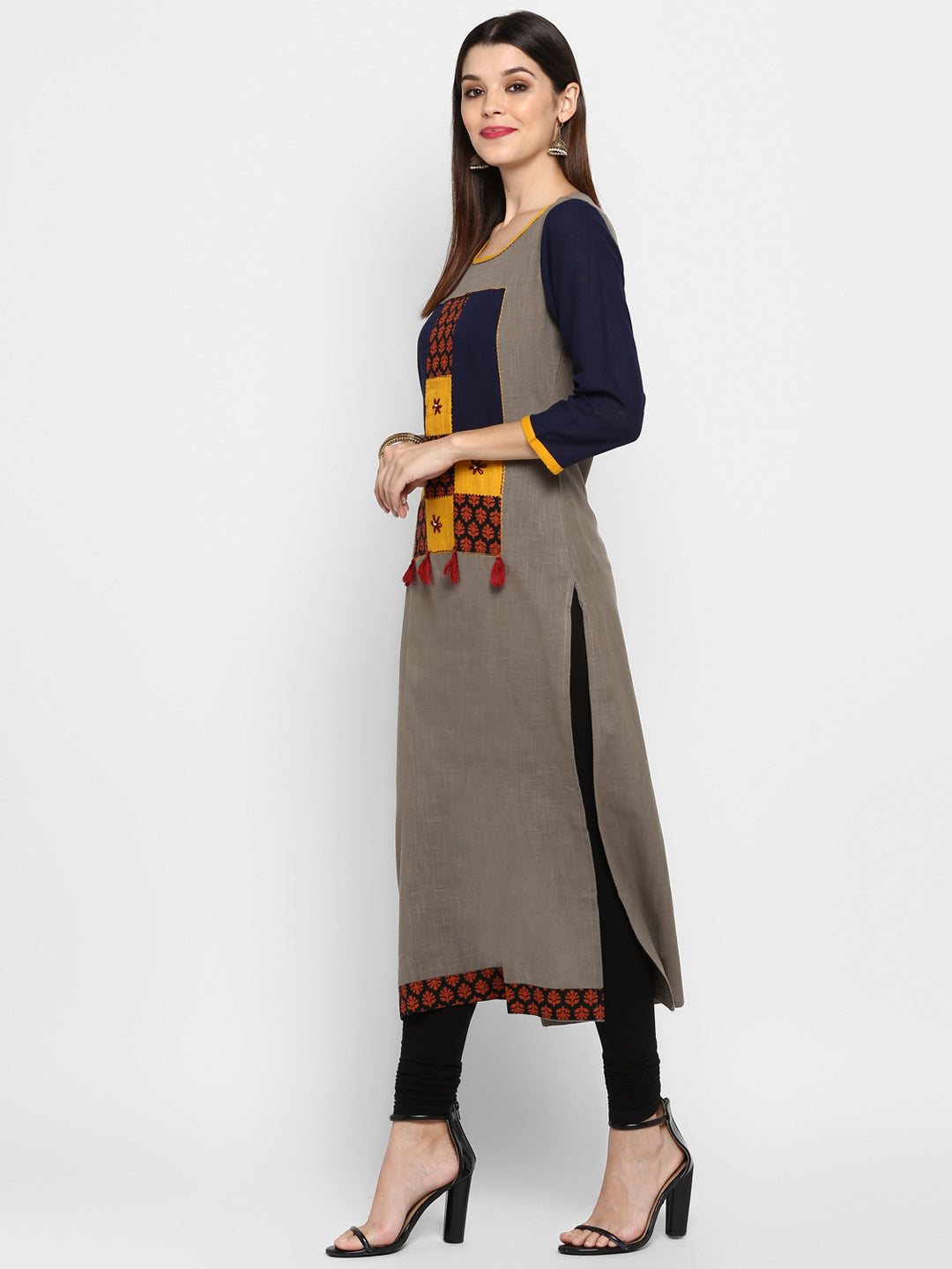 Women's Grey Cotton Straight Kurta By Vbu