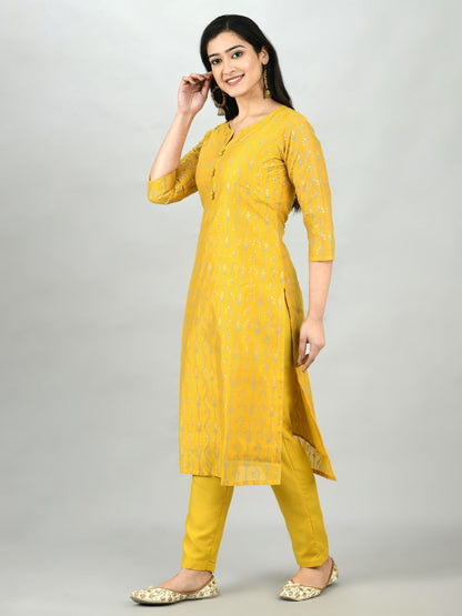 Women's Yellow Chanderi Printed 3/4 Sleeve Round Neck Casual Kurta Pant Set