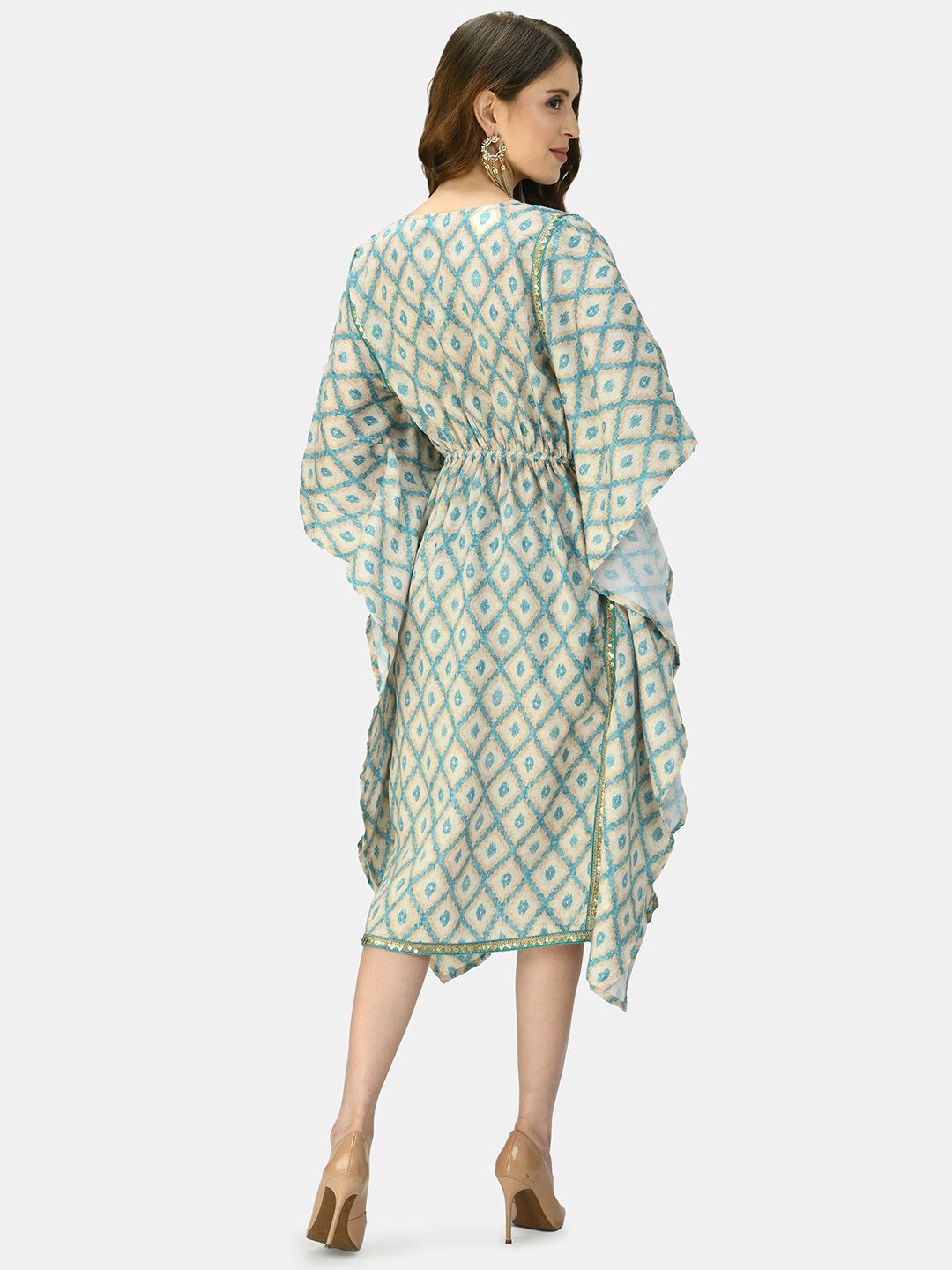 Women's Green Multicolor Silk Blend Printed Half Sleeve V Neck Casual Kaftaan