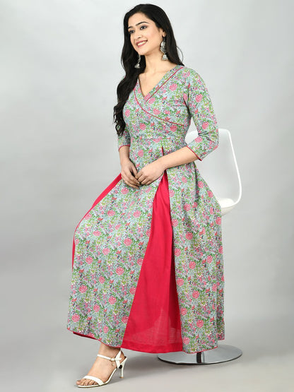 Women's Multi Cotton Printed 3/4 Sleeve V Neck Casual Dress
