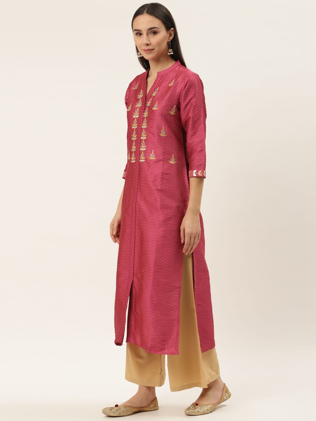 Women's Coral Pink Embroidered Straight Kurta