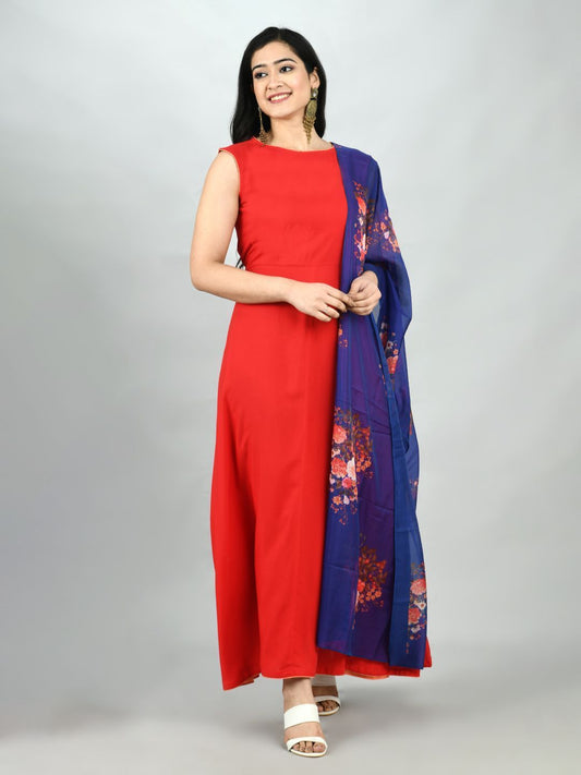 Women's Red Cotton Solid Sleeveless Round Neck Casual Kurta Dupatta Set