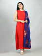 Women's Red Cotton Solid Sleeveless Round Neck Casual Kurta Dupatta Set