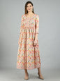 Women's Multi Cotton Printed 3/4 Sleeve Squre Casual Dress