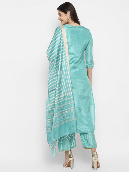 Women's Rama Color Silk Blend Straight Kurta Palazzo With Dupatta