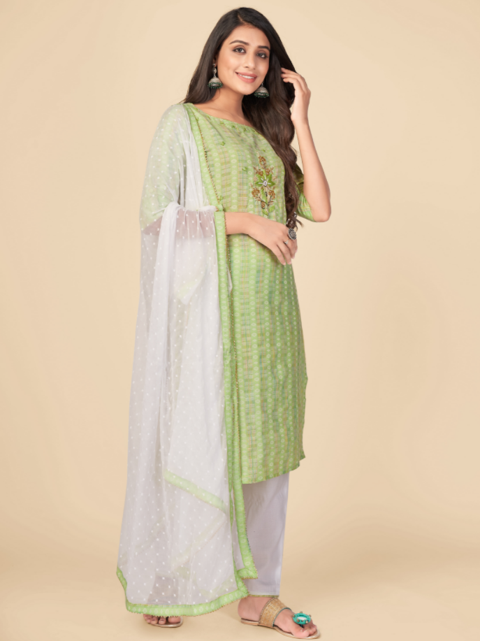 Women's Printed & Hand Work Straight Cotton Parrot Green Kurta Pant With Dupatta (3Pcs Set)