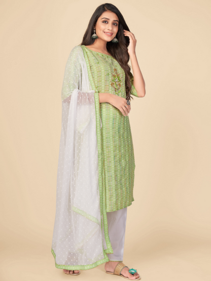 Women's Printed & Hand Work Straight Cotton Parrot Green Kurta Pant With Dupatta (3Pcs Set)