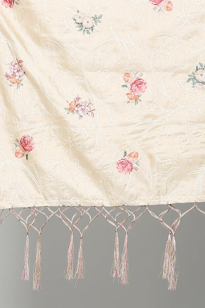 Women's Fown Color Art Silk Embroidery and Digital Printed Dupatta