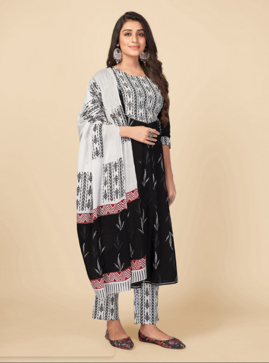 Women's Black Cotton Kurta With Pant & Dupatta By Vbuyz (3