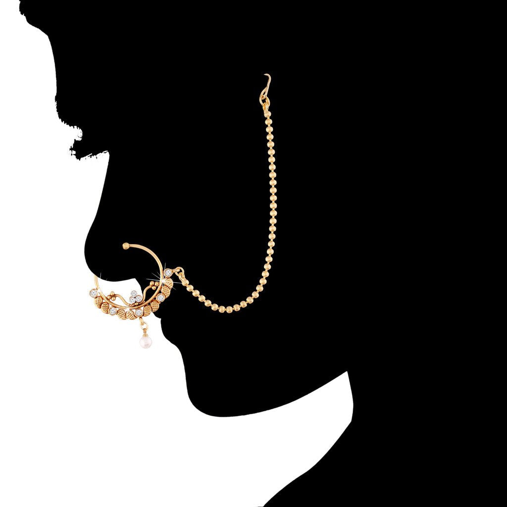Intricate Gold Plated Nosering Nath With Chain For Women