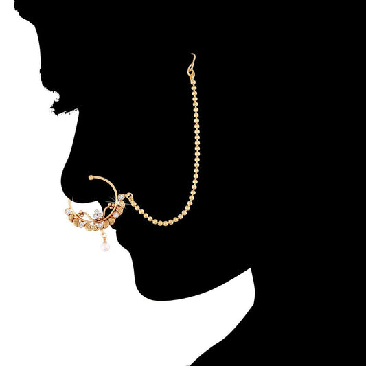 Intricate Gold Plated Nosering Nath With Chain For Women
