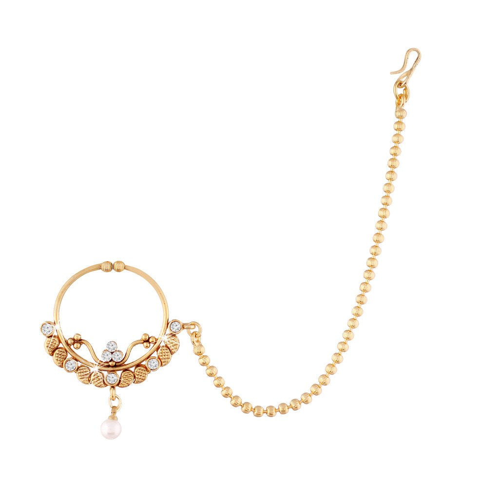 Intricate Gold Plated Nosering Nath With Chain For Women