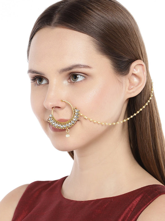 Bridal Pearl Kundan Nose Ring Nath With Chain