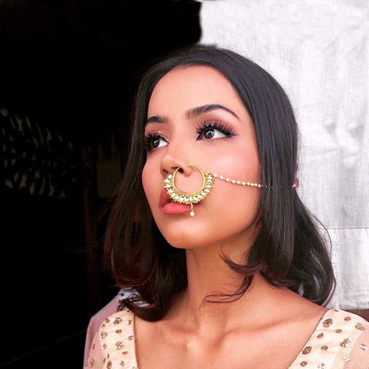 Bridal Pearl Kundan Nose Ring Nath With Chain