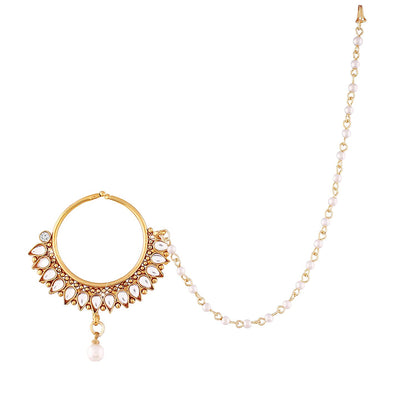 Bridal Pearl Kundan Nose Ring Nath With Chain