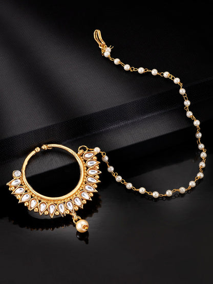 Bridal Pearl Kundan Nose Ring Nath With Chain