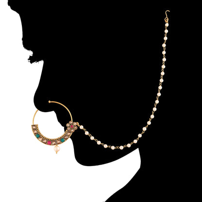 Gold Plated Nose Ring Multicolor Kundan With Pearl Chain