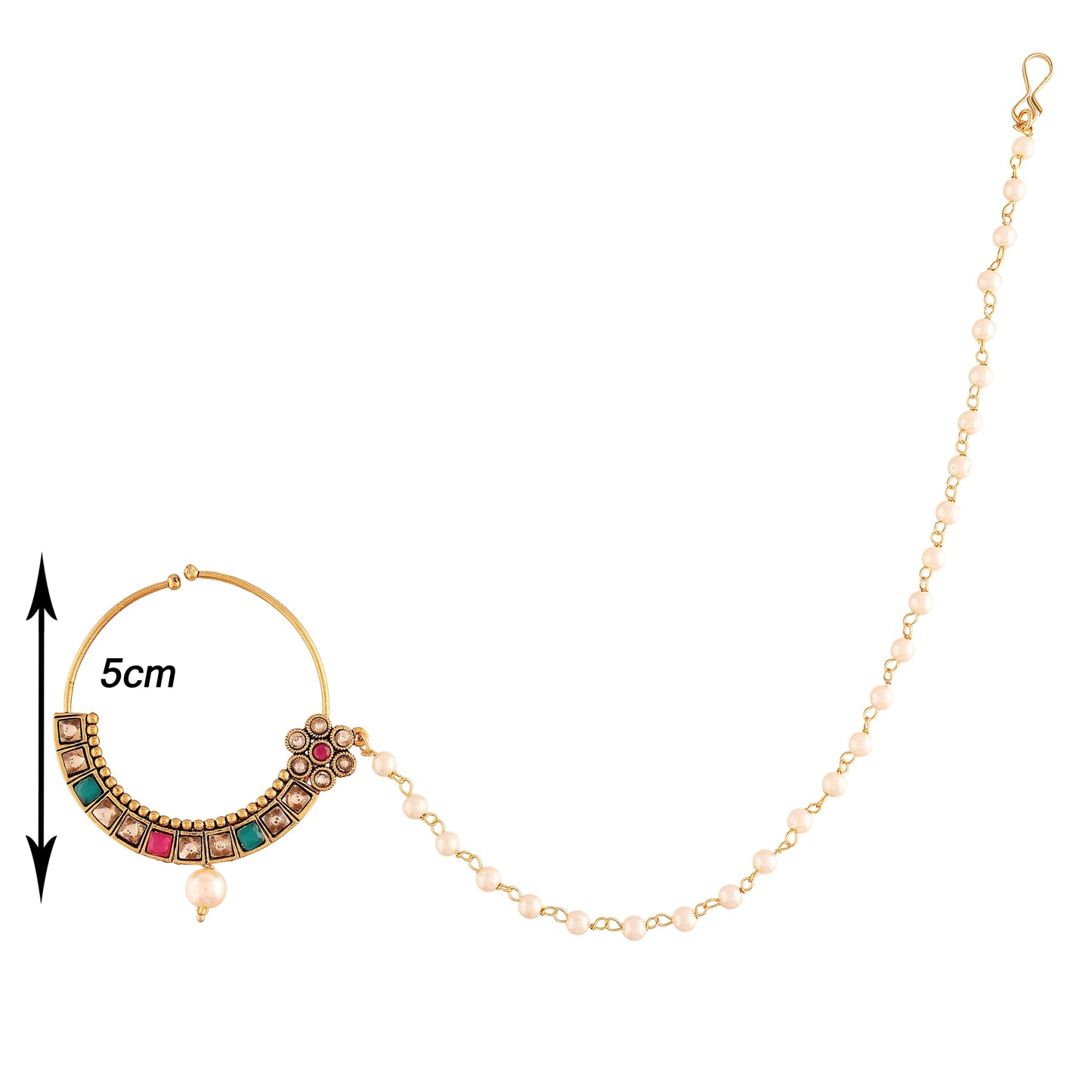 Gold Plated Nose Ring Multicolor Kundan With Pearl Chain