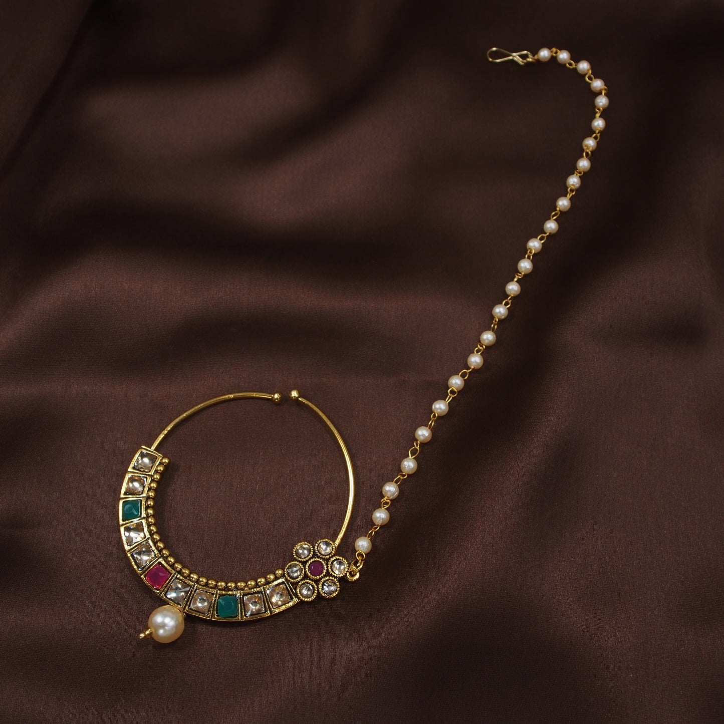 Gold Plated Nose Ring Multicolor Kundan With Pearl Chain