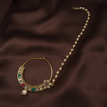Gold Plated Nose Ring Multicolor Kundan With Pearl Chain