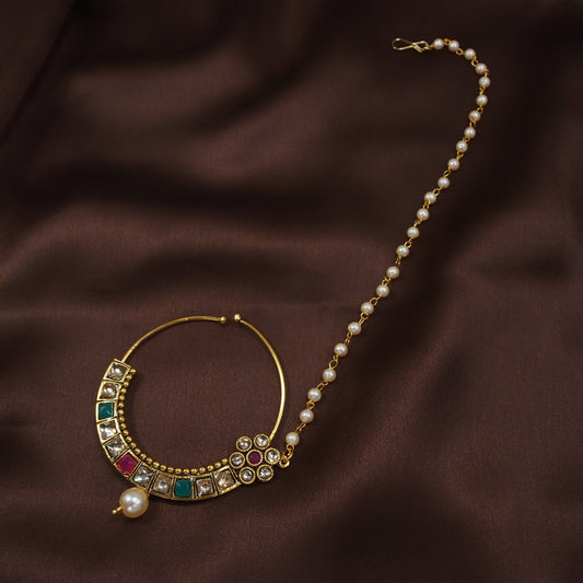 Gold Plated Nose Ring Multicolor Kundan With Pearl Chain
