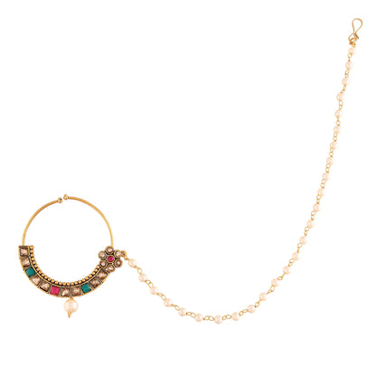 Gold Plated Nose Ring Multicolor Kundan With Pearl Chain