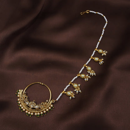 Gold Plated Pearl s Hanging Nose Ring With Chain