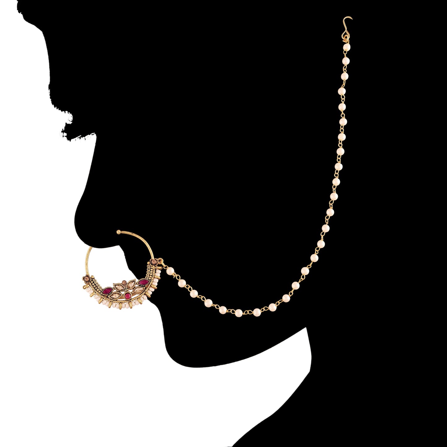 Gold Plated Ruby Kundan Nose Ring With Pearl Chain